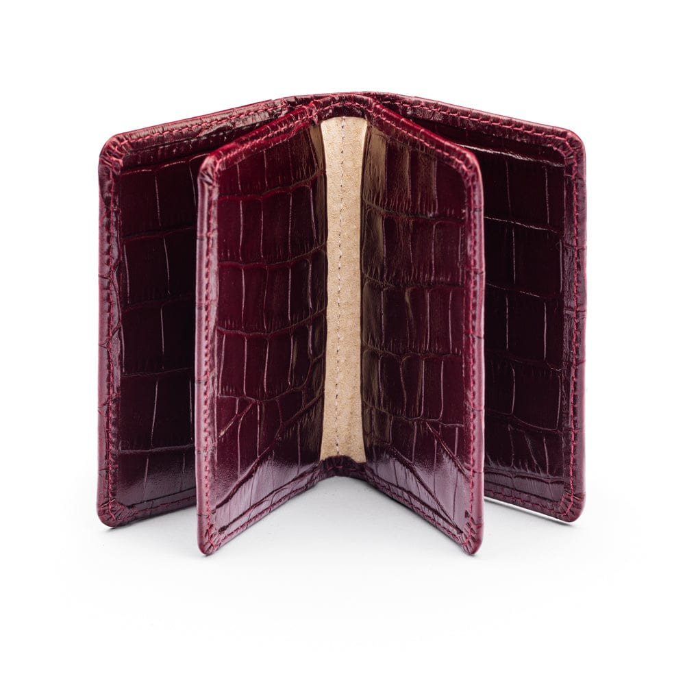 Leather bifold card wallet, burgundy croc, open