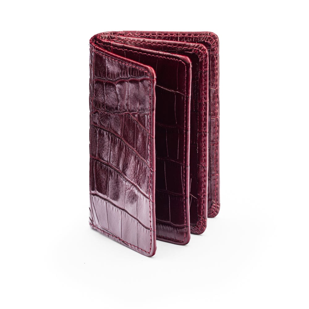Leather bifold card wallet, burgundy croc, front