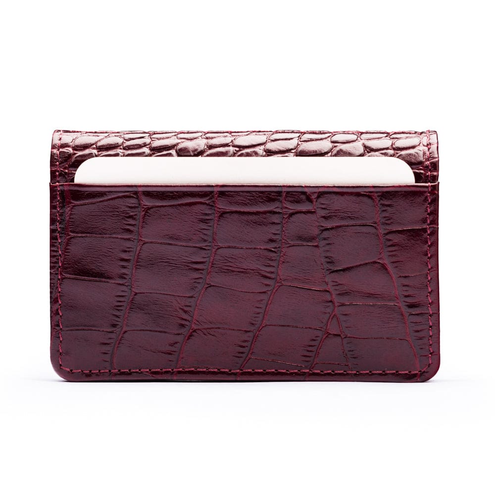 Leather bifold card wallet, burgundy croc, front view