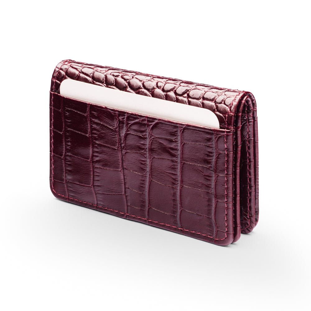 Leather bifold card wallet, burgundy croc, back