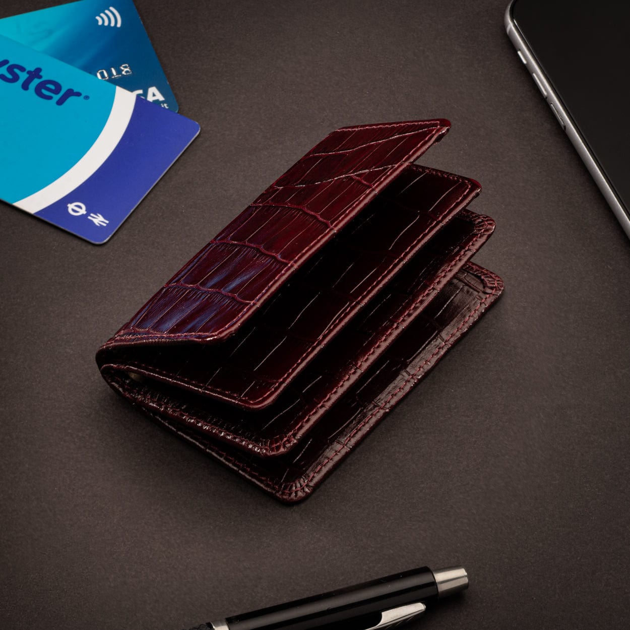 Leather bifold card wallet, burgundy croc, lifestyle