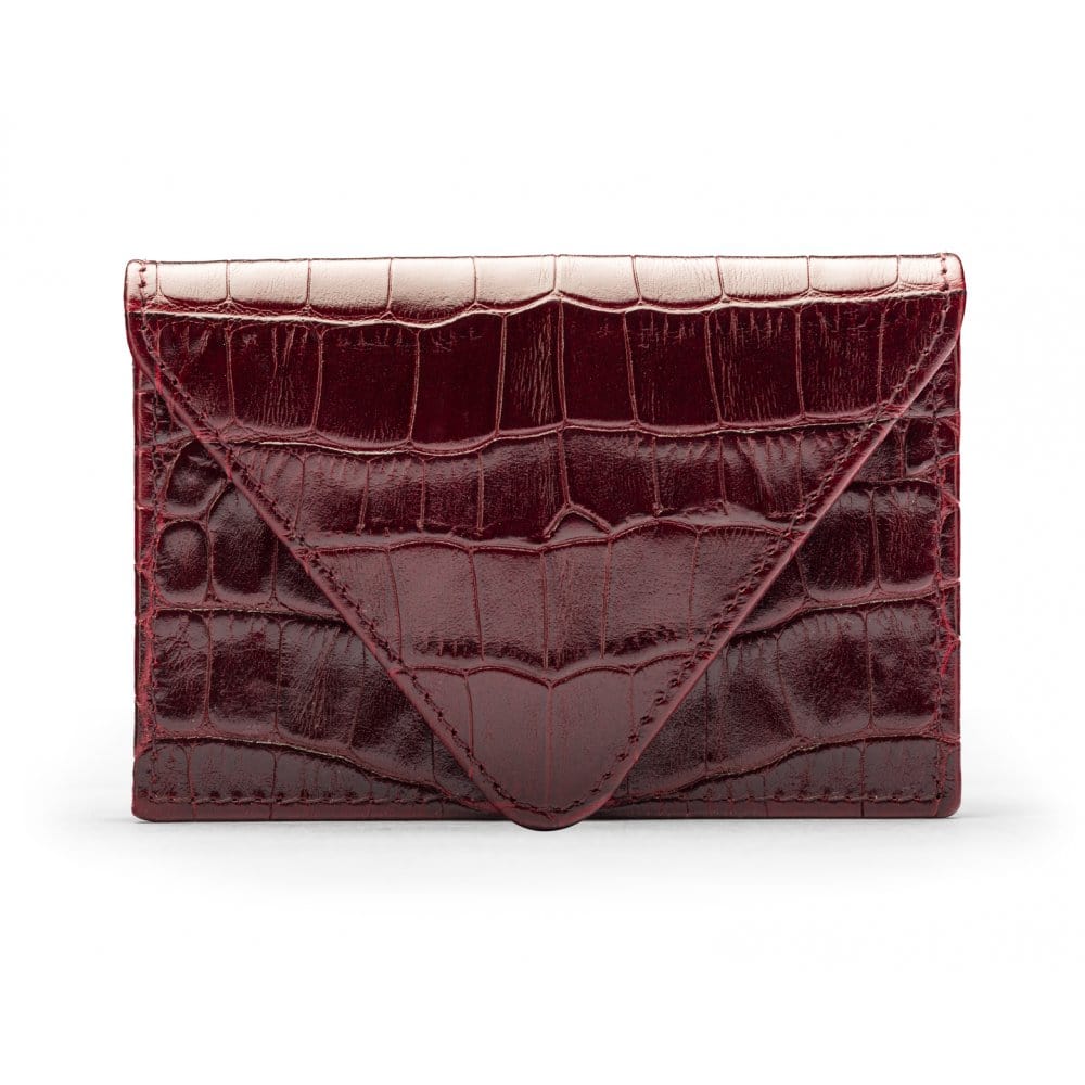 Leather business card envelope, burgundy croc, front