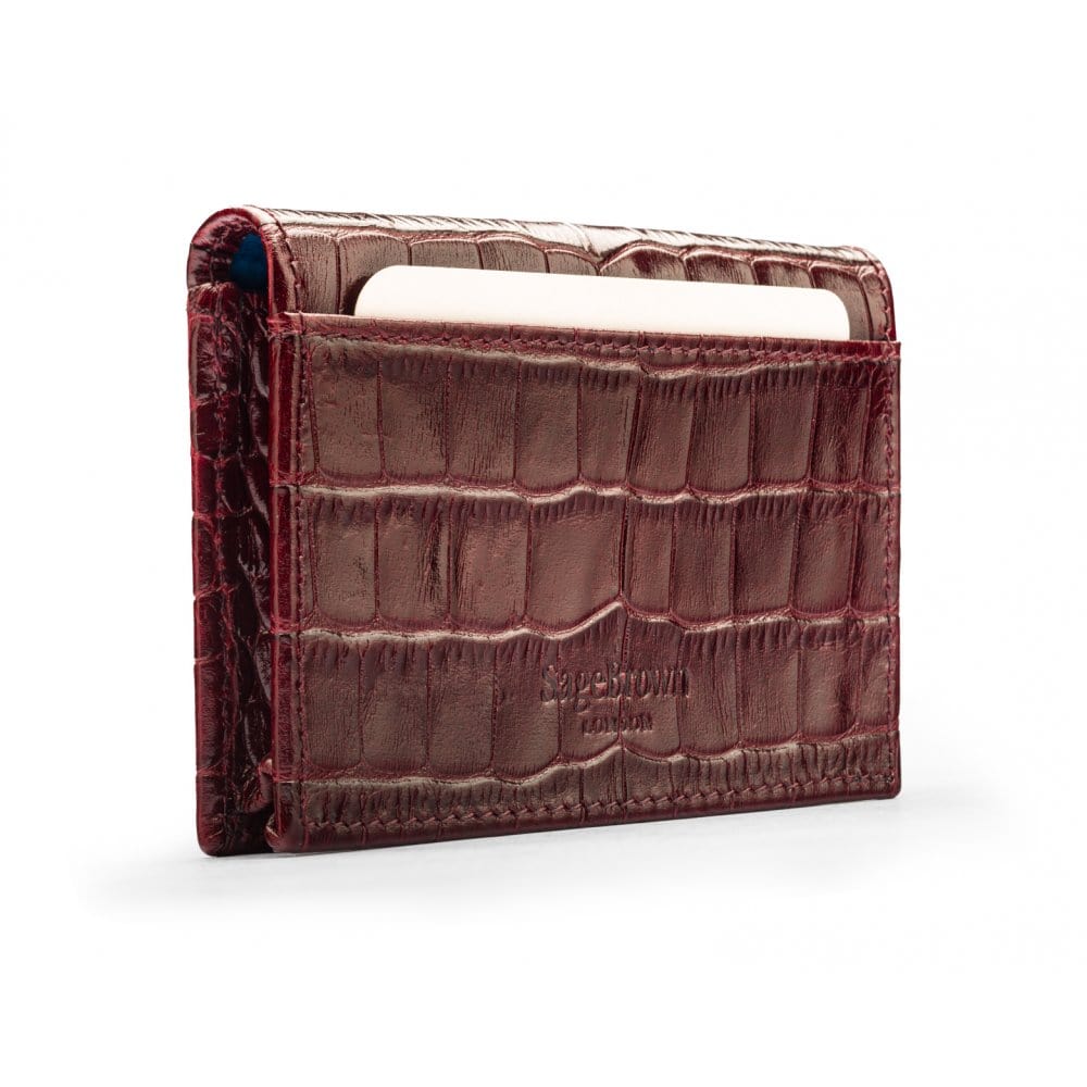 Leather business card envelope, burgundy croc, back