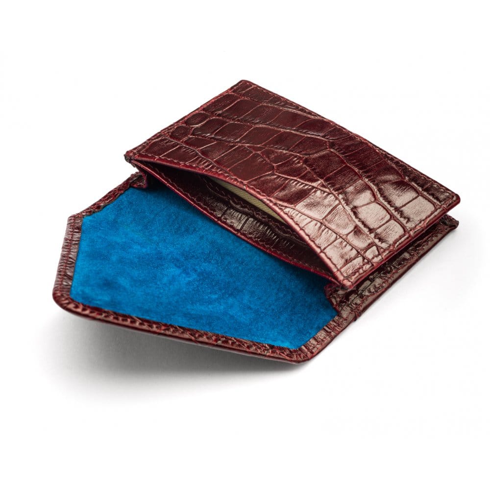 Leather business card envelope, burgundy croc, open