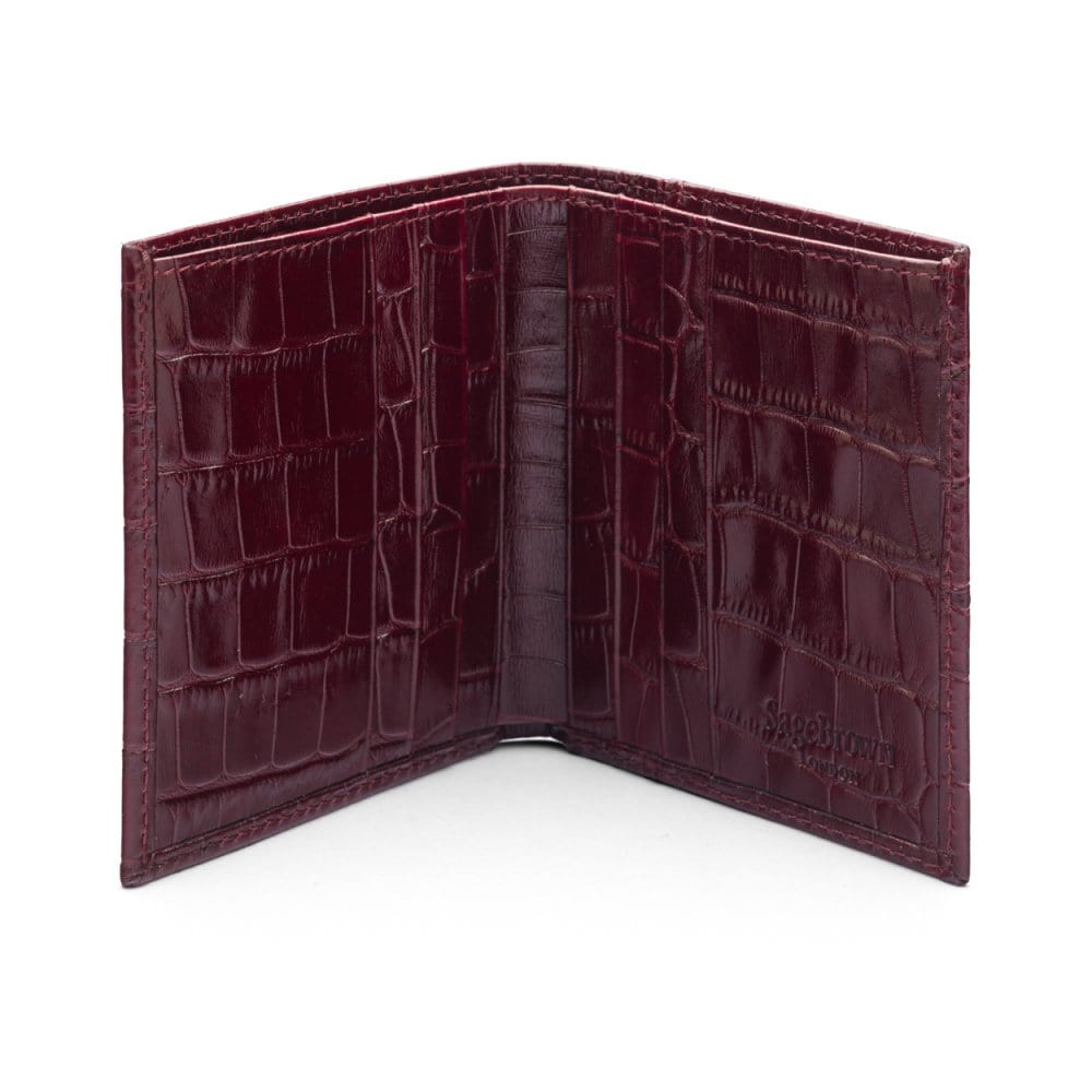 Leather compact billfold wallet 6CC, burgundy croc, open