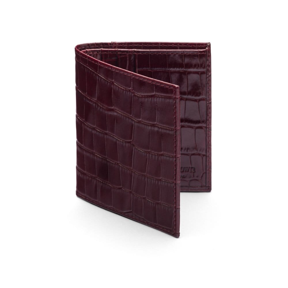 Leather compact billfold wallet 6CC, burgundy croc, front