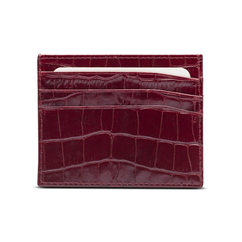 Leather flat credit card wallet 6 CC, burgundy croc, front
