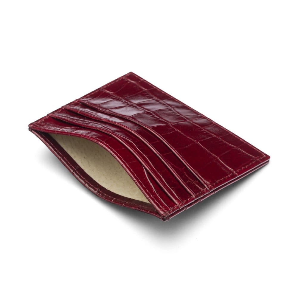 Leather flat credit card wallet 6 CC, burgundy croc, inside
