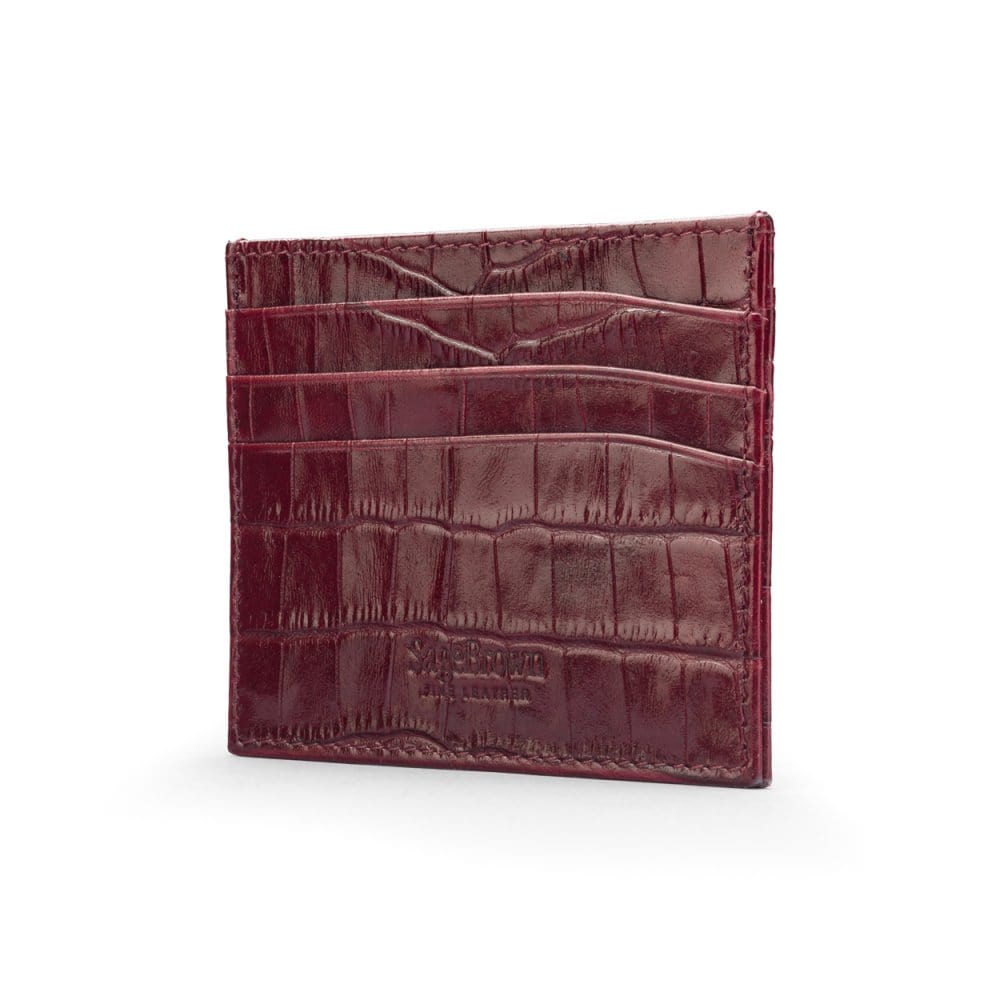 Leather flat credit card wallet 6 CC, burgundy croc, back