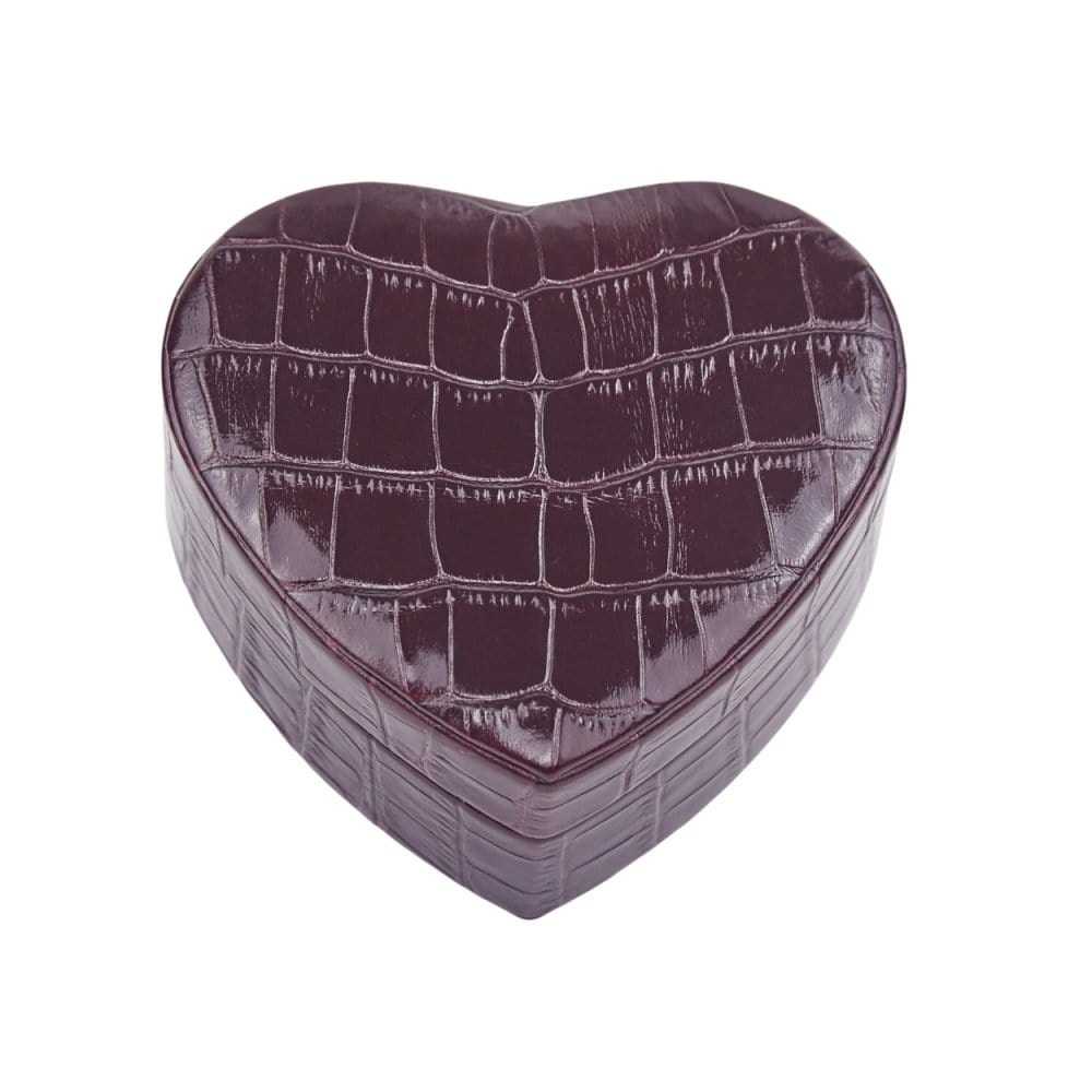 Leather heart shaped jewellery box, burgundy croc, front