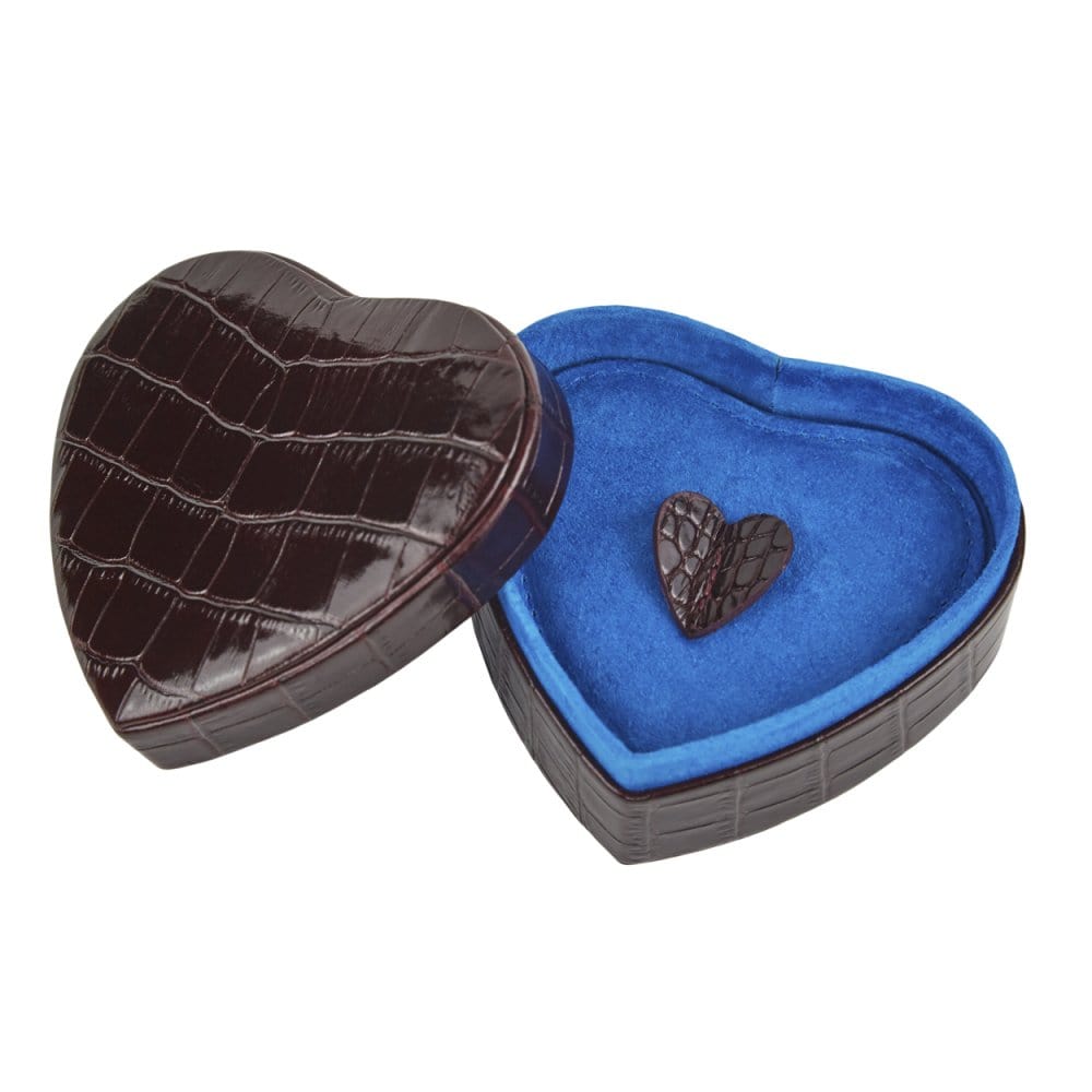 Leather heart shaped jewellery box, burgundy croc, open