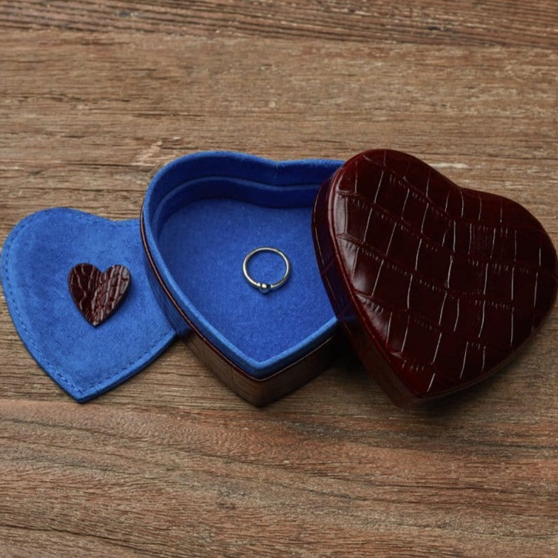 Leather heart shaped jewellery box, burgundy croc, lifestyle