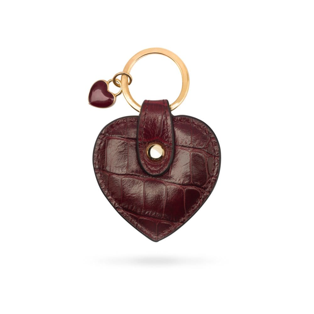 Leather heart shaped key ring, burgundy croc, front