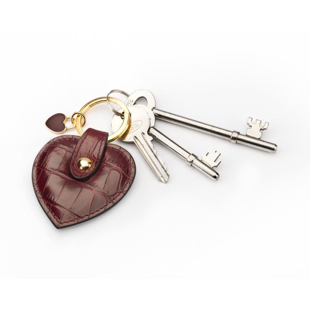 Leather heart shaped key ring, burgundy croc