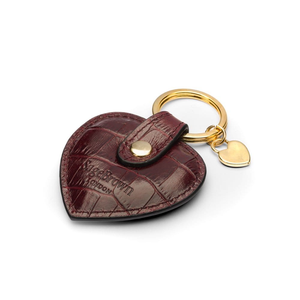 Leather heart shaped key ring, burgundy croc, back