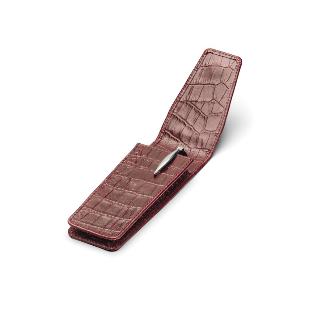 Leather pen case, burgundy croc, open