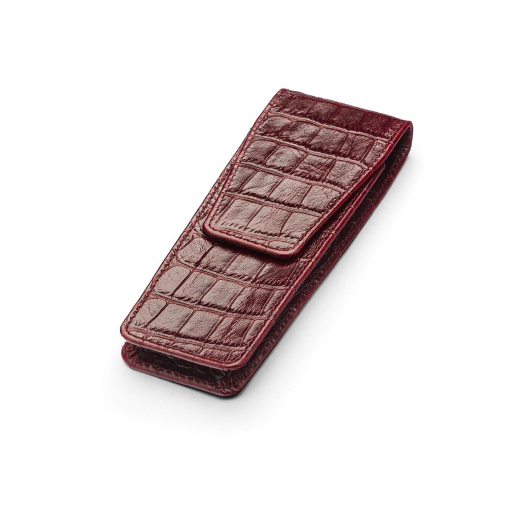 Leather pen case, burgundy croc, side