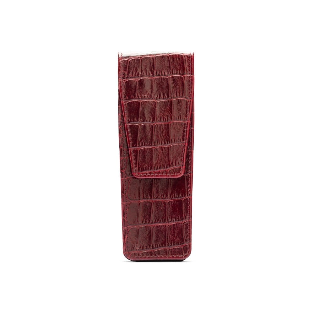 Leather pen case, burgundy croc, front