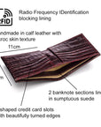 RFID leather wallet for men, burgundy croc, features