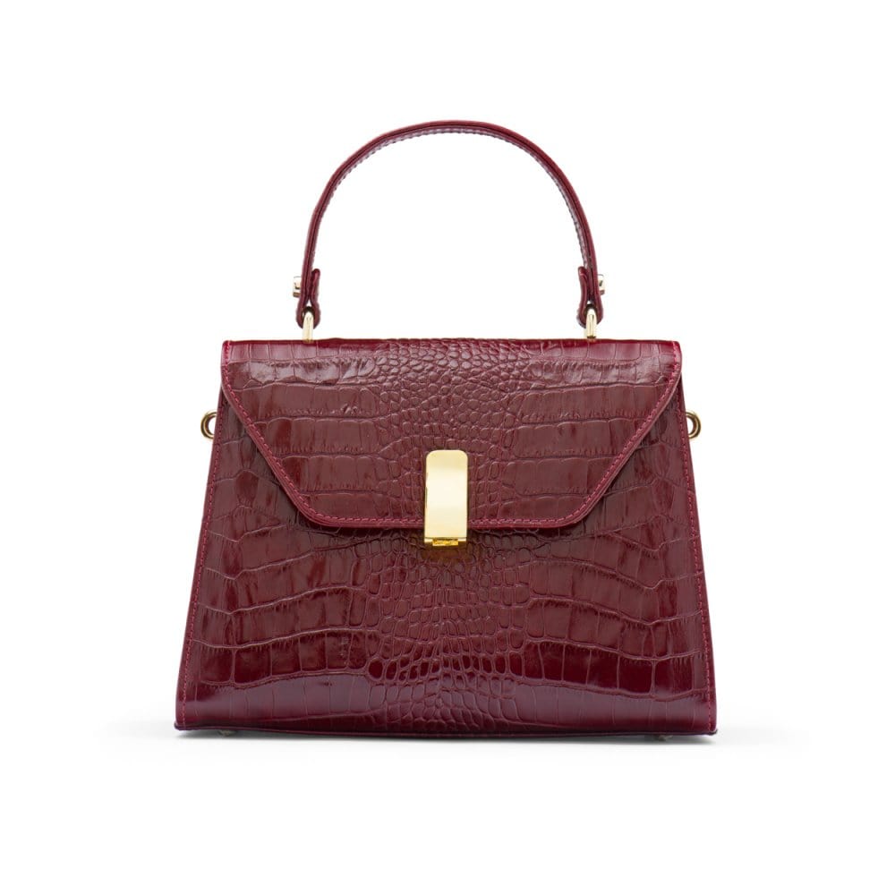 Leather top handle bag, burgundy croc, front view
