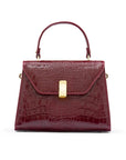 Leather top handle bag, burgundy croc, front view