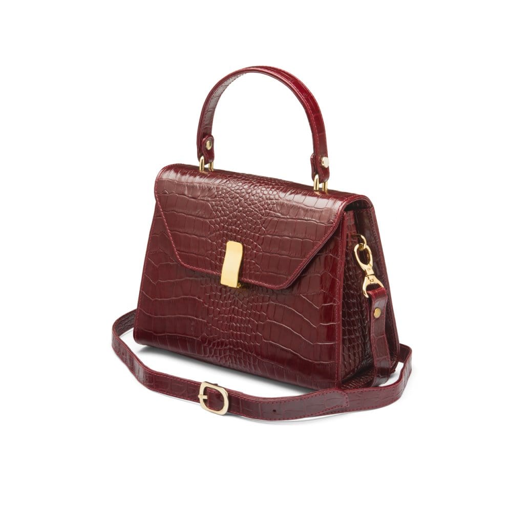 Leather top handle bag, burgundy croc, side