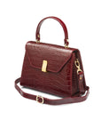 Leather top handle bag, burgundy croc, side