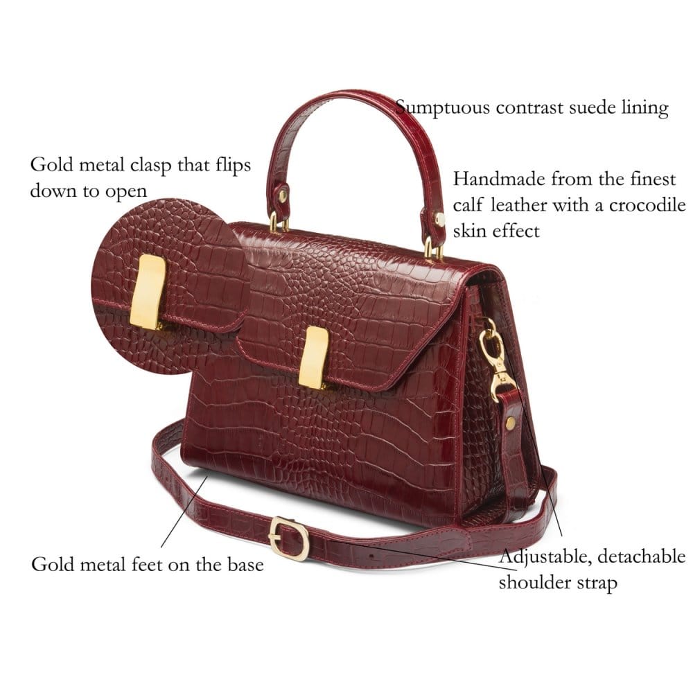 Leather top handle bag, burgundy croc, features