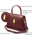 Leather top handle bag, burgundy croc, features