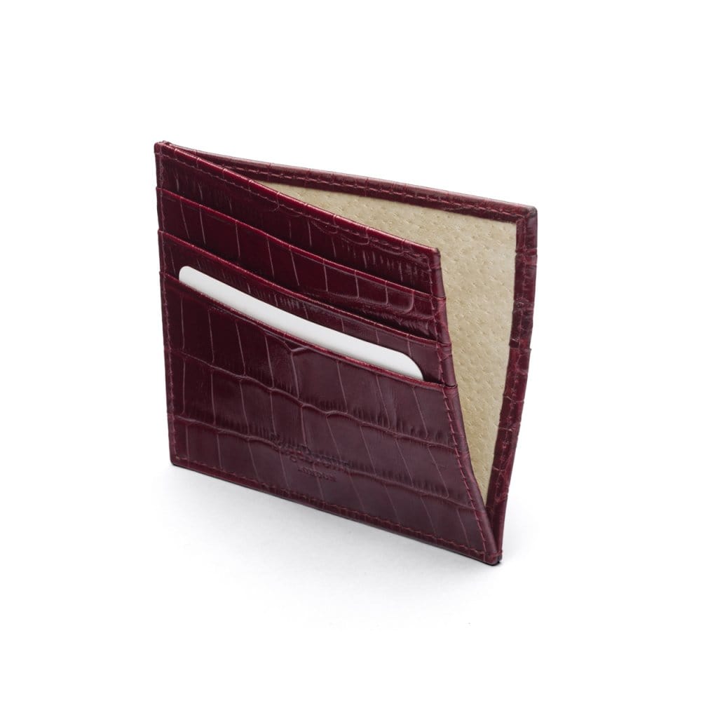 Leather side opening flat card holder, burgundy croc, inside
