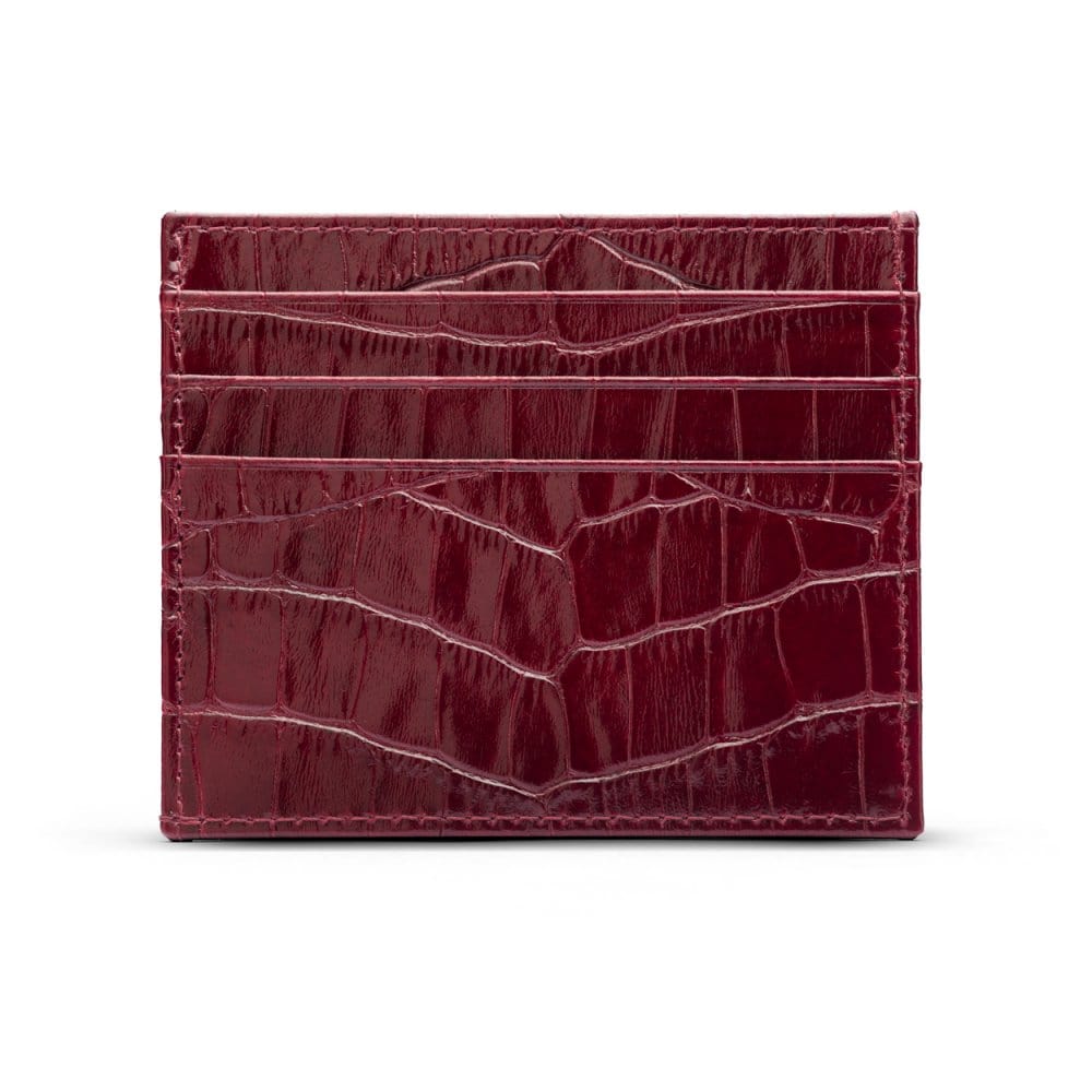 Leather side opening flat card holder, burgundy croc, front