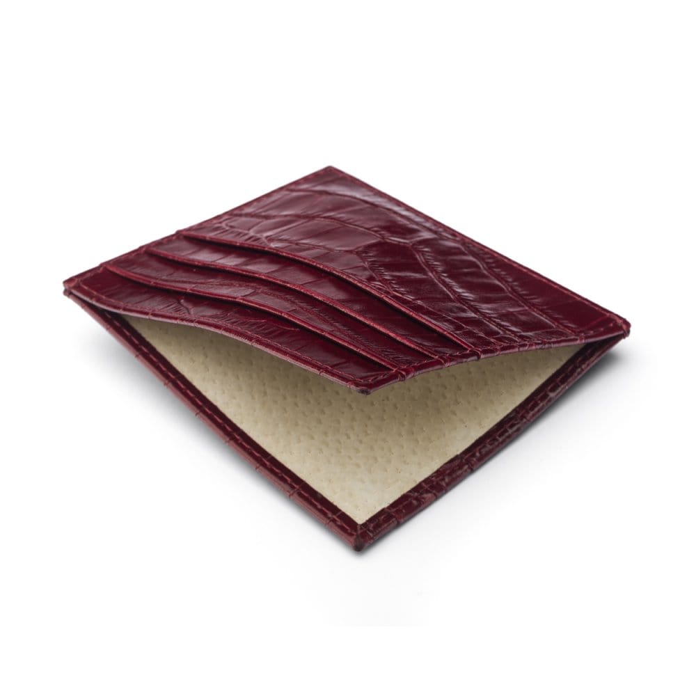 Leather side opening flat card holder, burgundy croc, open