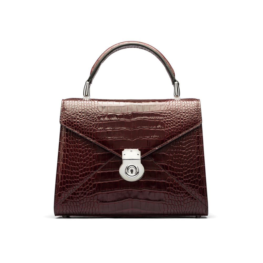 Leather top handle bag, Burnett bag, burgundy croc, front view