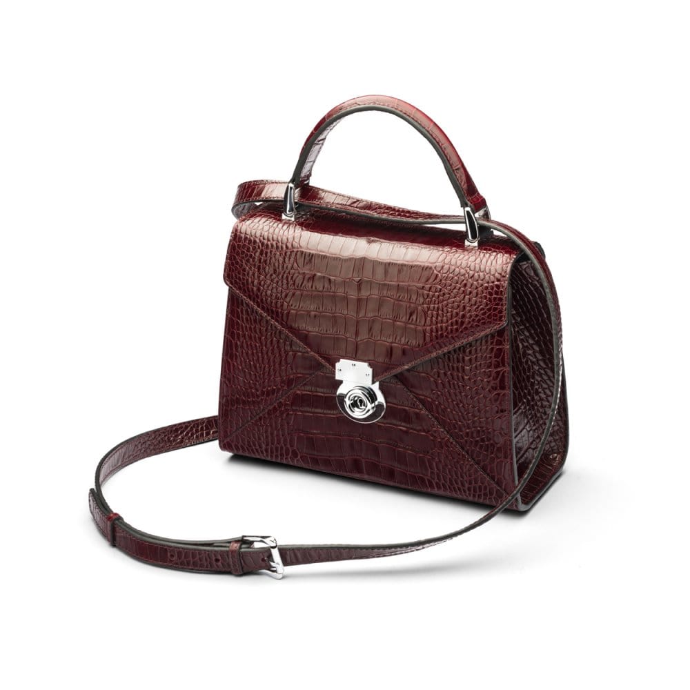 Leather top handle bag, Burnett bag, burgundy croc, with shoulder strap