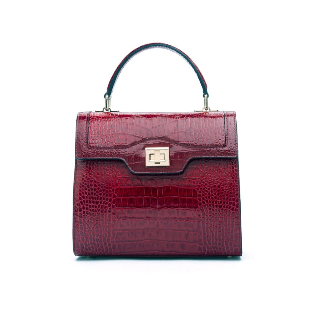 Leather signature Morgan bag, burgundy croc, front view
