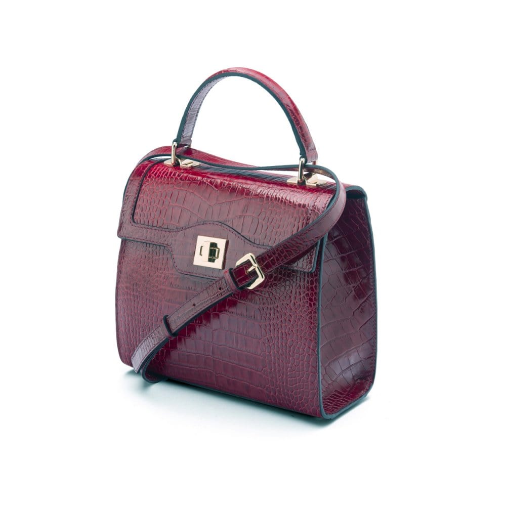 Leather signature Morgan bag, burgundy croc, side view
