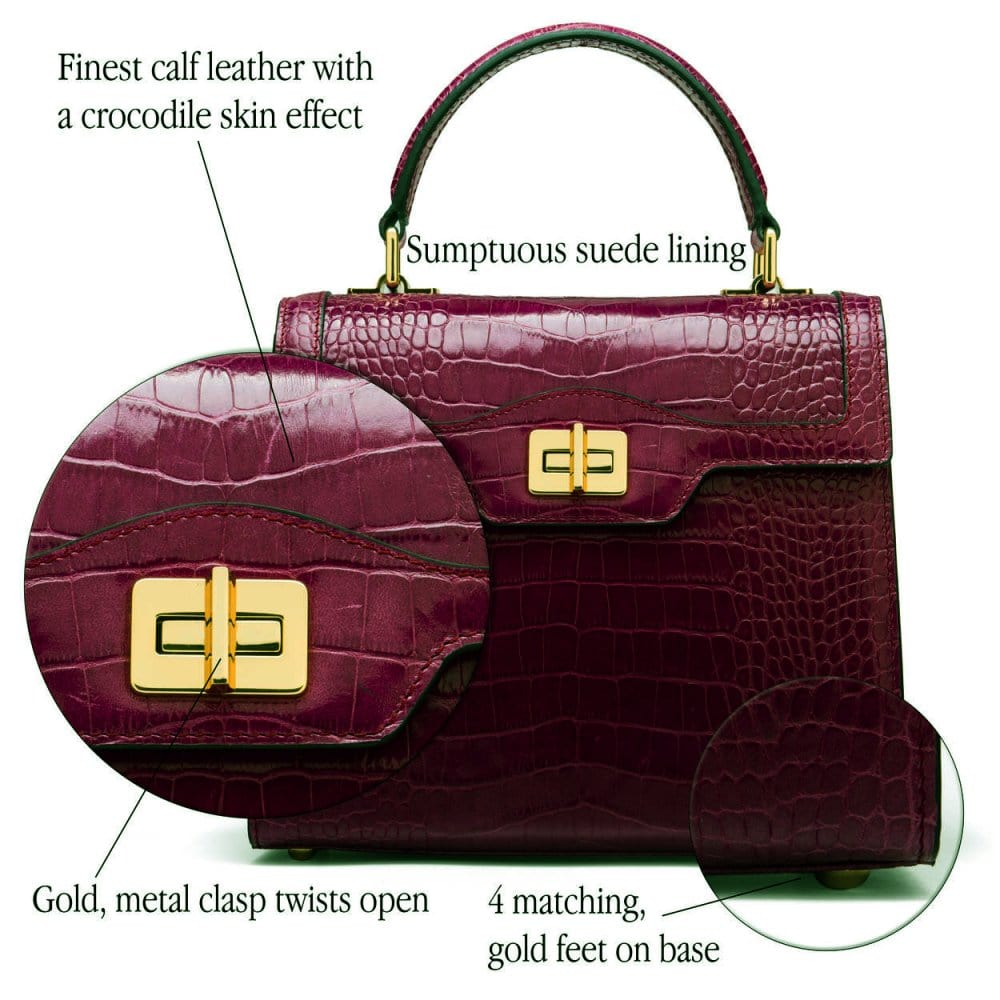 Leather signature Morgan bag, burgundy croc, features