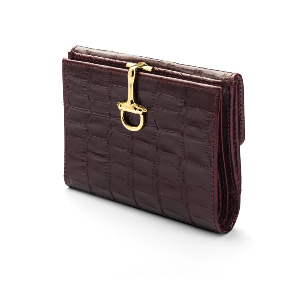 Leather purse with brass clasp, burgundy croc, front view