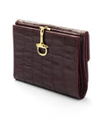 Leather purse with brass clasp, burgundy croc, front view