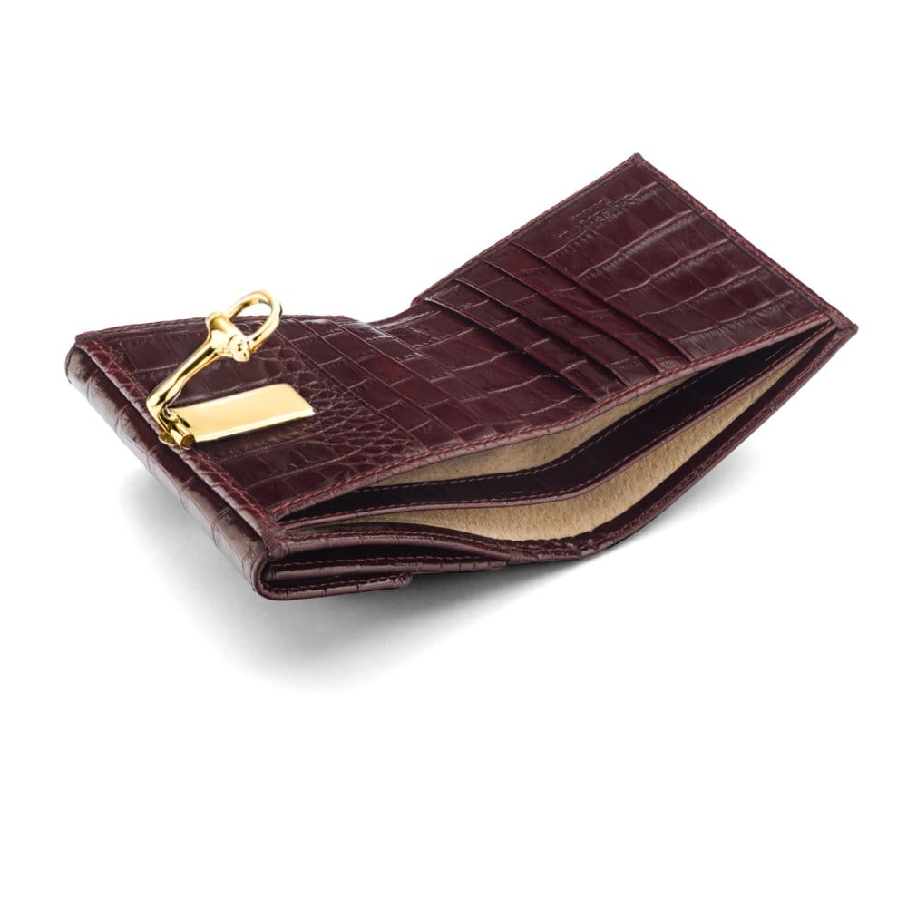 Leather purse with brass clasp, burgundy croc, inside