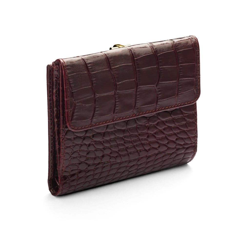 Leather purse with brass clasp, burgundy croc, back