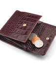 Leather purse with brass clasp, burgundy croc, open