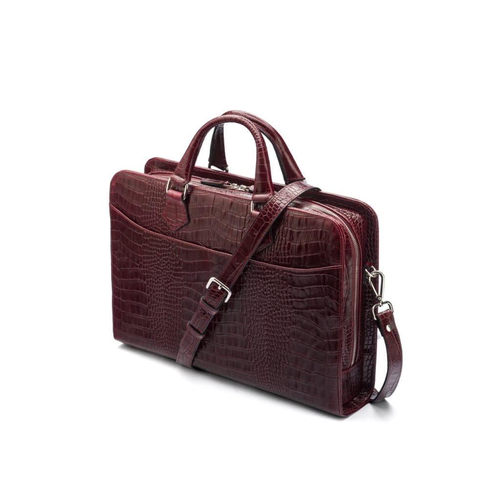Leather 13" laptop bag, burgundy croc, side