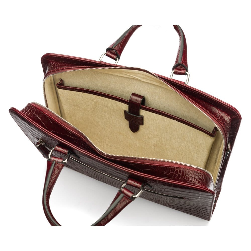 Leather 13" laptop bag, burgundy croc, inside