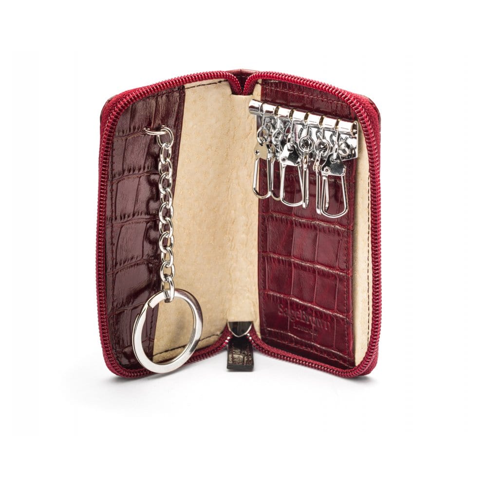 Leather zip around key case, burgundy croc, open
