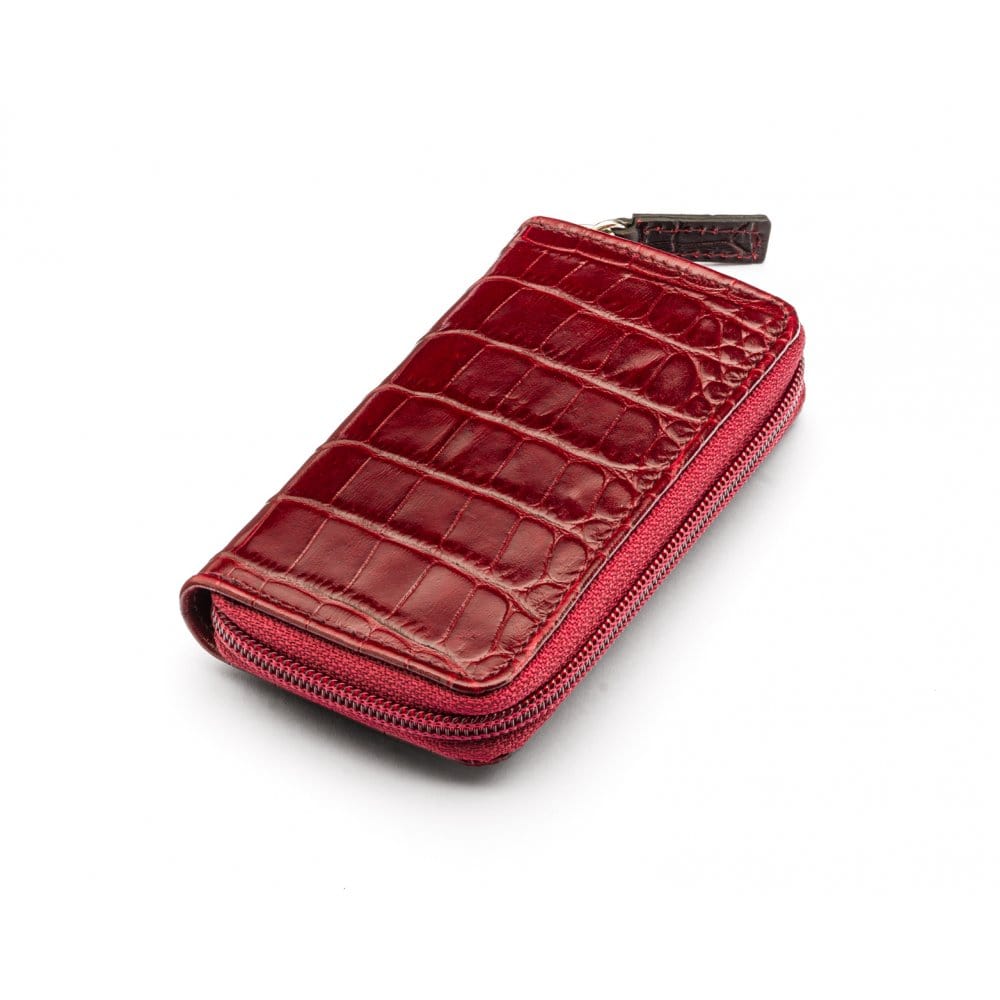 Leather zip around key case, burgundy croc, front