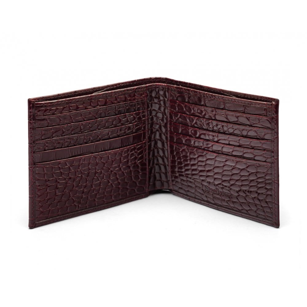 Men's leather billfold wallet, burgundy croc, open