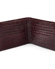 Men's leather billfold wallet, burgundy croc, open