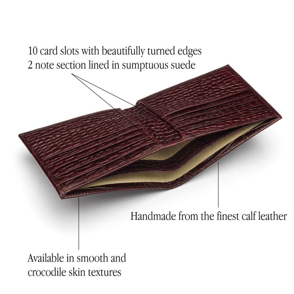 Men's leather billfold wallet, burgundy croc, features