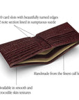 Men's leather billfold wallet, burgundy croc, features